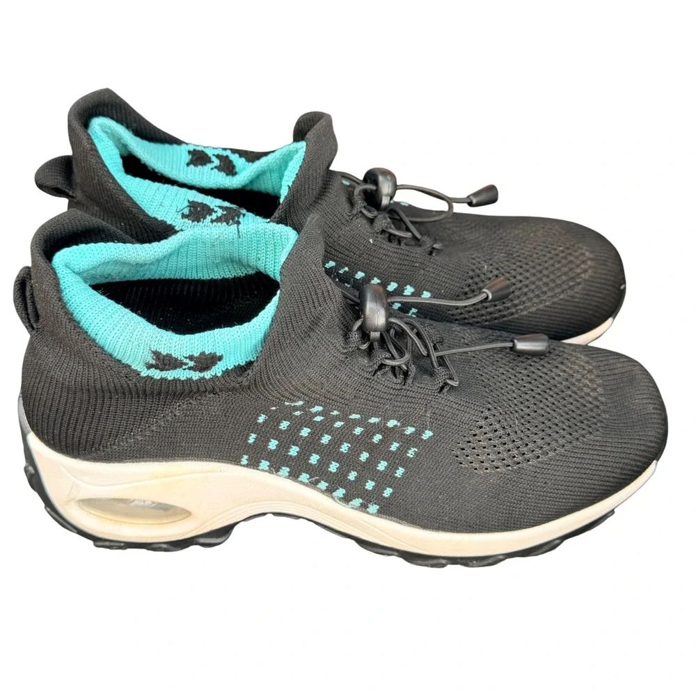 Walking Shoes Womens 38 Black Teal Knit Bungee Lace Air Cushion Sneakers